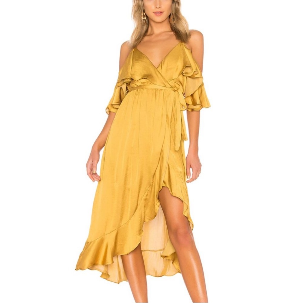Bardot Bea Cold shoulder Ruffle Wrap Dress in Gold | Sz. 8